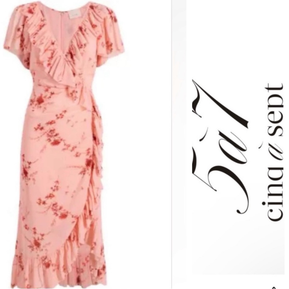 Cinq a Sept Fleur Sheila Faux Wrap dress. pale roseFloral Pink Ruffle Wrap Dress - Picture 2 of 15